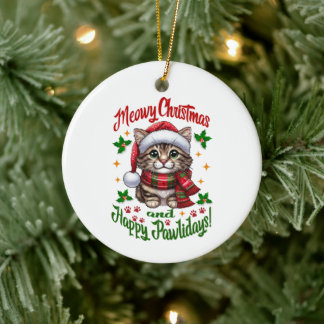Meowy Christmas And Happy Pawlidays Greetings Ceramic Ornament