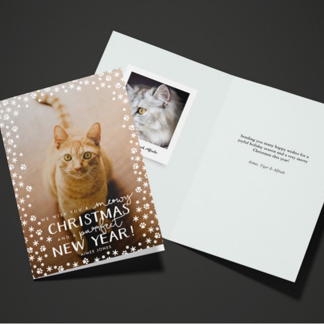 Meowy Christmas and Purrfect New Year Cat Holiday (folded cat Christmas holiday and new year greeting card with custom photo and message inside)