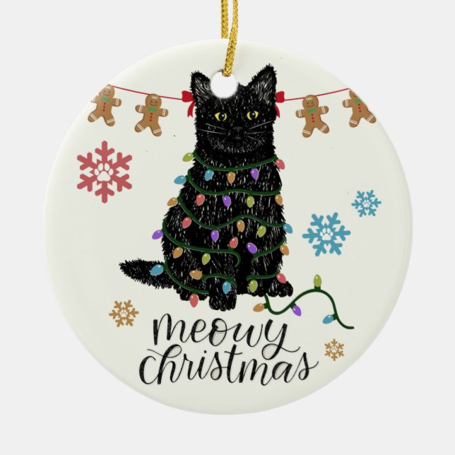 Meowy Christmas Black Cat Ceramic Ornament (Front)