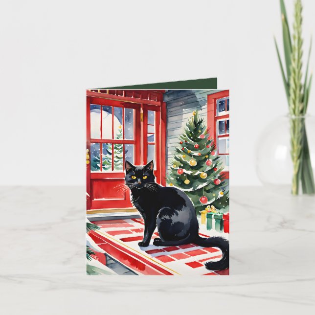  Meowy Christmas Black Cat & Christmas Tree Holiday Card (Front)