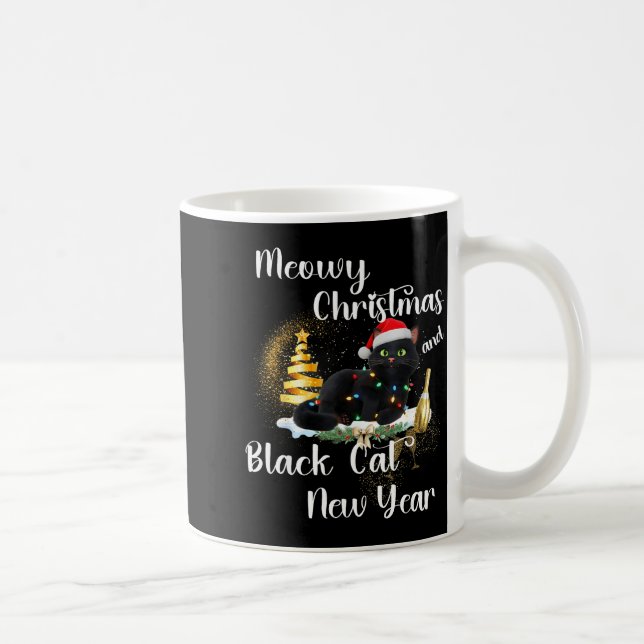 Meowy Christmas Black Cat Funny Santa Hat Happy Ne Coffee Mug (Right)
