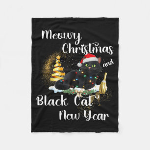 Meowy Christmas Black Cat Funny Santa Hat Happy Ne Fleece Blanket