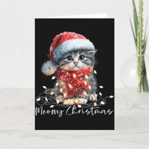 Meowy Christmas Black Cat Lights Santa Hat Funny H Card