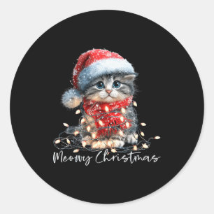 Meowy Christmas Black Cat Lights Santa Hat Funny H Classic Round Sticker