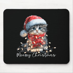 Meowy Christmas Black Cat Lights Santa Hat Funny H Mouse Pad