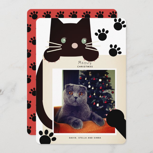 Meowy Christmas Black Cat White Photo Holiday Card (Front/Back)