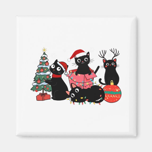 Meowy Christmas Black Cats Play Christmas Tree Lig Magnet (Front)