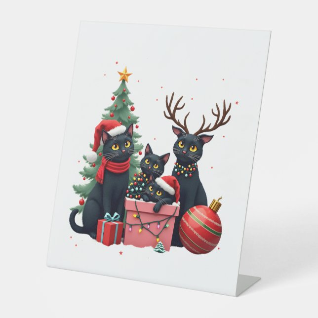 Meowy Christmas Black Cats Play Christmas Tree Lig Pedestal Sign (Front)