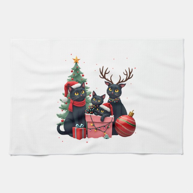 Meowy Christmas Black Cats Play Christmas Tree Lig Tea Towel (Horizontal)