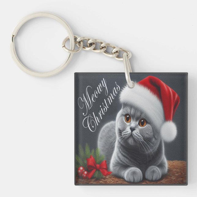 Meowy Christmas British Shorthair Santa Cat Key Ring (Front)