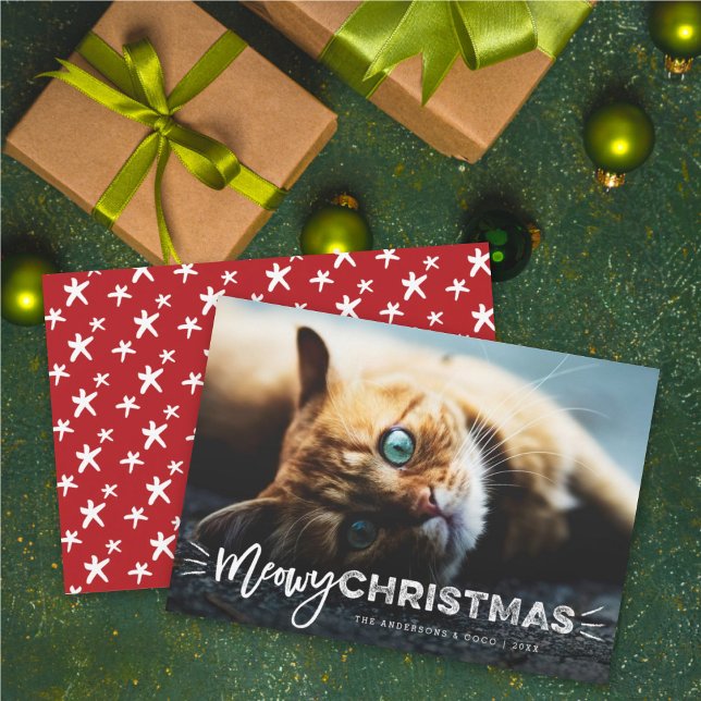 Meowy Christmas Brush Script Cat Lover Photo Pet Holiday Card (Creator Uploaded)