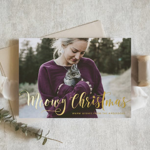 Meowy Christmas Calligraphy Modern Photo Cat Foil Holiday Card