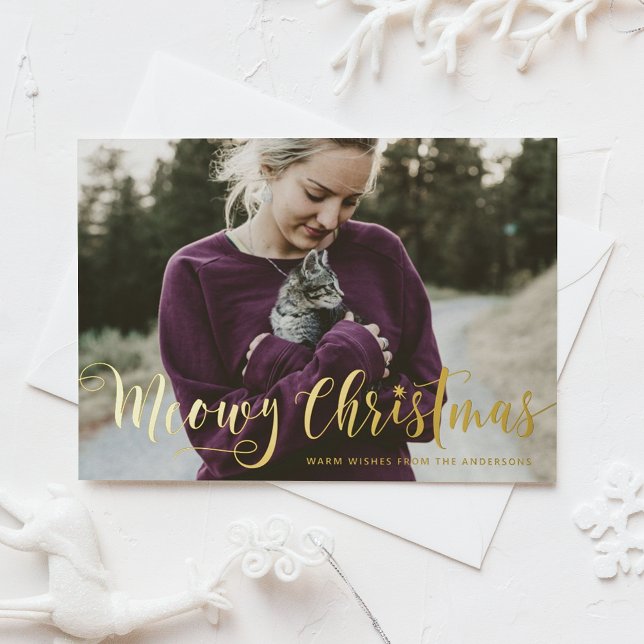 Meowy Christmas Calligraphy Modern Photo Cat Foil Holiday Postcard (Creator Uploaded)