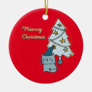 Meowy Christmas Cat and Tree Ceramic Ornament