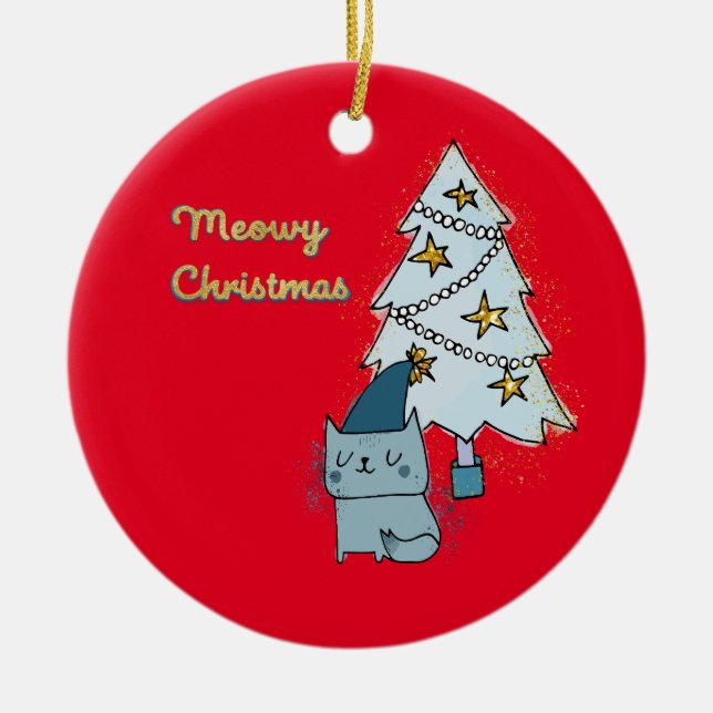 Meowy Christmas Cat and Tree   Ceramic Ornament (Front)