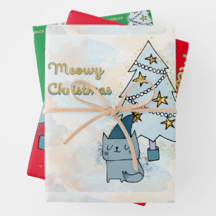 Meowy Christmas Cat and Tree Wrapping Paper Sheet