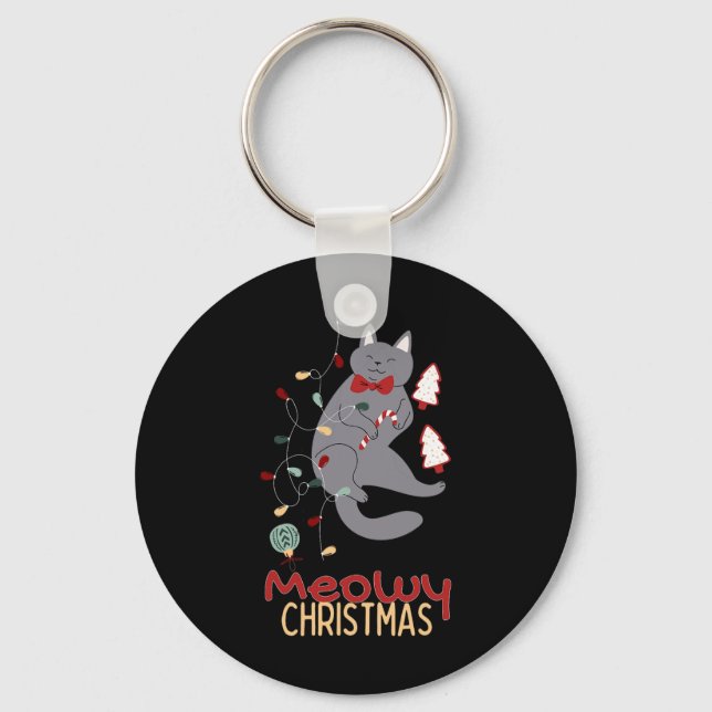 Meowy Christmas Cat Christmas Lights1 Key Ring (Front)