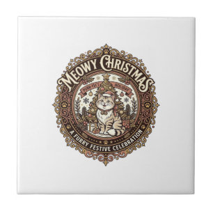 Meowy Christmas Cat Christmas Vintage Vector Art S Ceramic Tile