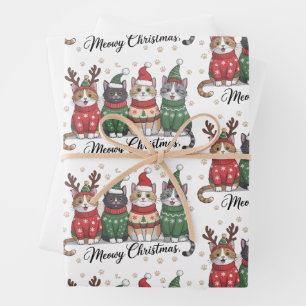 Meowy Christmas Cat Cute Cats with Santa Claus Hat Wrapping Paper Sheet