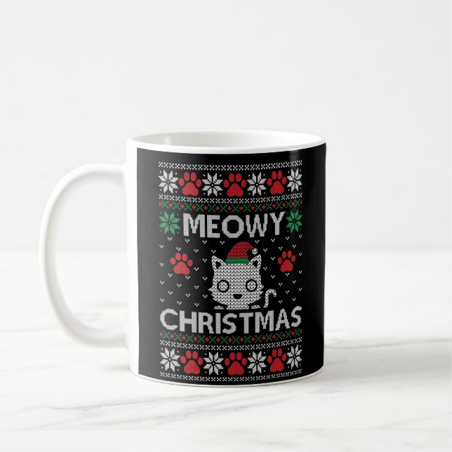 Meowy Christmas Cat Funny Ugly Sweater Red Paws  Coffee Mug (Left)