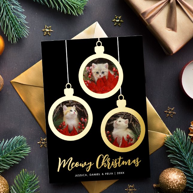 Meowy Christmas Cat Gold Baubles 3 Photos Collage Foil Holiday Card (Creator Uploaded)