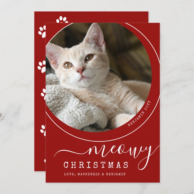 Meowy Christmas Cat Kitten Photo Red and White (Front/Back)