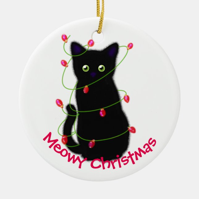 Meowy Christmas | cat lover gift | black cat  Ceramic Ornament (Front)