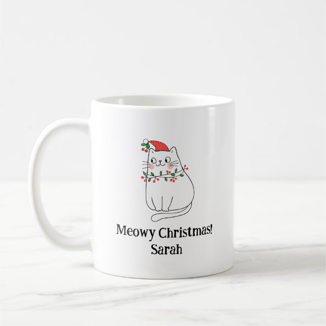Meowy Christmas Cat Mug – Custom Name Holiday Gift (Left)