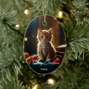 Meowy Christmas cat pet photo keepsake Christmas Ceramic Ornament