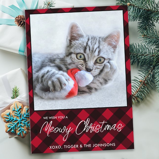 Meowy Christmas Cat Pet Photo Red Buffalo Plaid  Holiday Card (Creator Uploaded)