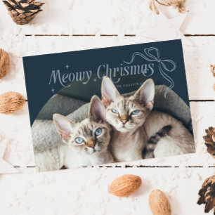 Meowy Christmas Cat Photo Blue Holiday Card