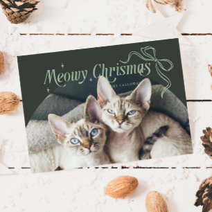 Meowy Christmas Cat Photo Green Holiday Card