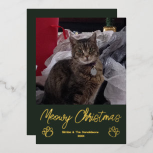 Meowy Christmas Cat Photo Paw Print Foil Holiday Card