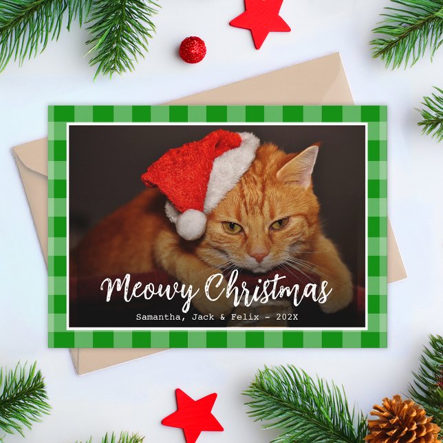Meowy Christmas Cat Photo & Script on Green Plaid Holiday Card (Creator Uploaded)