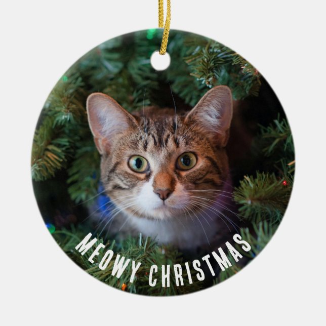 Meowy Christmas Cat Photo Two Sided Ceramic Ornament (Front)