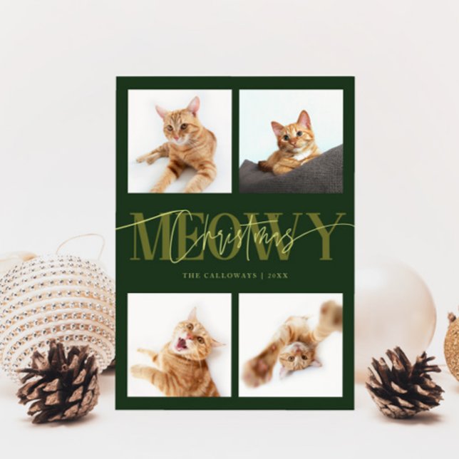 Meowy Christmas Cat Photos Green Christmas Holiday Card (Creator Uploaded)