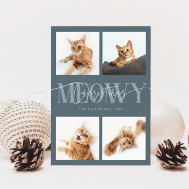 Meowy Christmas Cat Photos Slate Blue Christmas Holiday Card (Creator Uploaded)