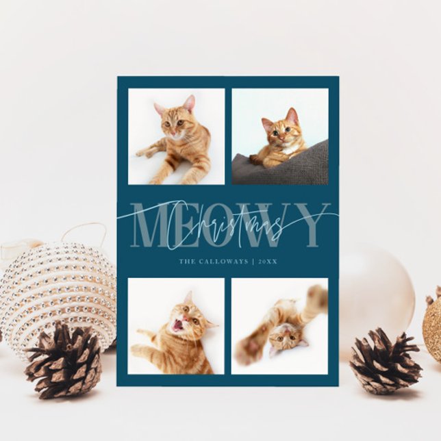 Meowy Christmas Cat Photos Teal Christmas Holiday Card (Creator Uploaded)