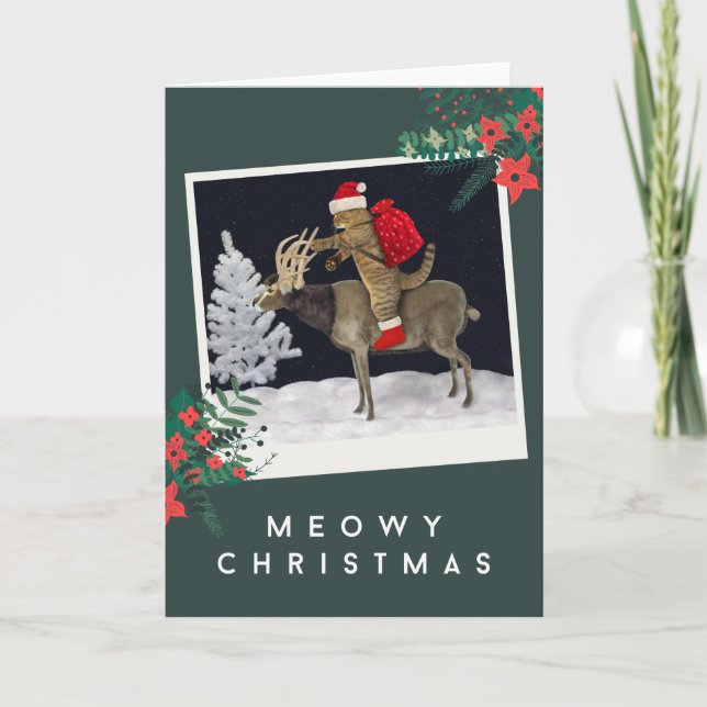 Meowy Christmas - Cat Riding Reindeer Holiday Card (Front)