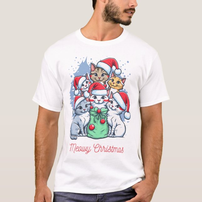 Meowy Christmas Cat T-Shirt,Cute & Festive Holiday T-Shirt (Front)