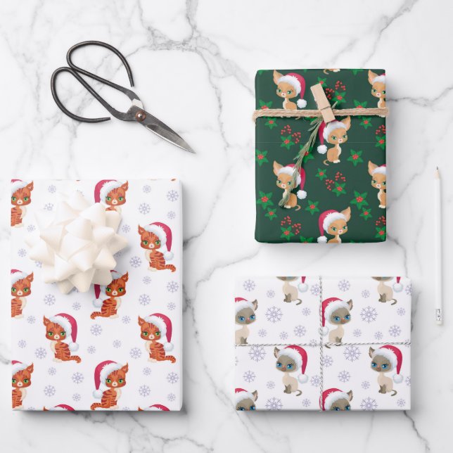 Meowy Christmas Cat Themed Wrapping Paper Sheet (Front)