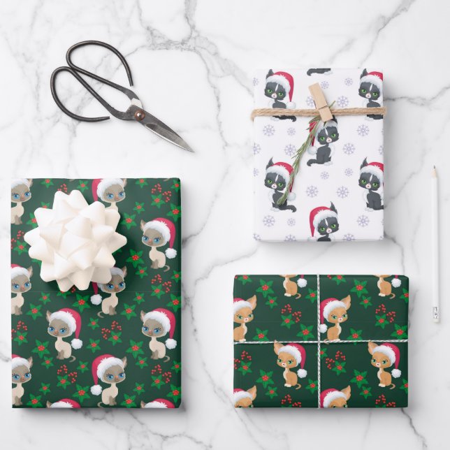 Meowy Christmas Cat Themed Wrapping Paper Sheet (Front)