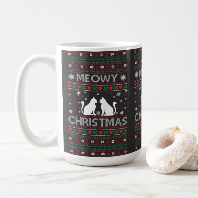 Meowy Christmas Cat Ugly Sweater T-Shirt  Coffee Mug (With Donut)
