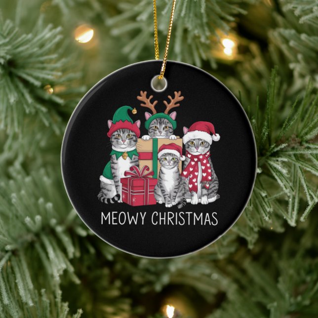 Meowy Christmas Cat Xmas Funny Cats Lover  Ceramic Ornament (Tree)