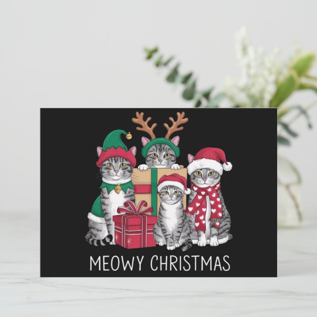 Meowy Christmas Cat Xmas Funny Cats Lover  Holiday Card (Standing Front)