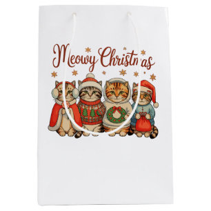 Meowy Christmas Cat Xmas Santa Hat Holiday Season Medium Gift Bag