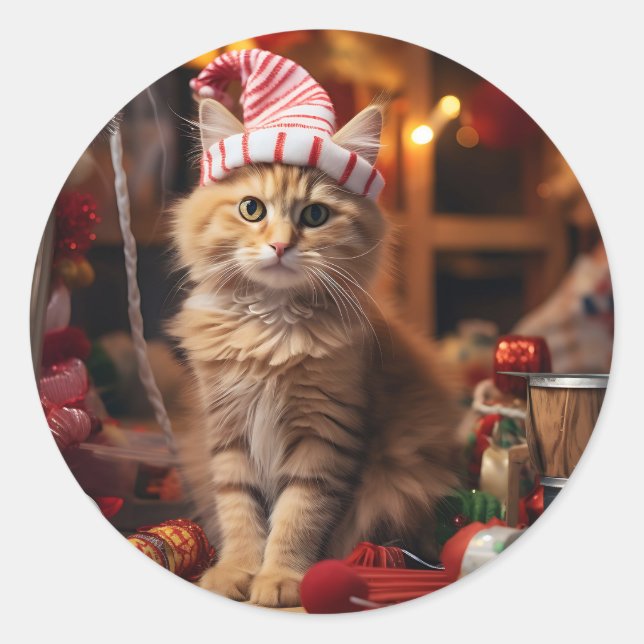 Meowy Christmas! Classic Round Sticker (Front)