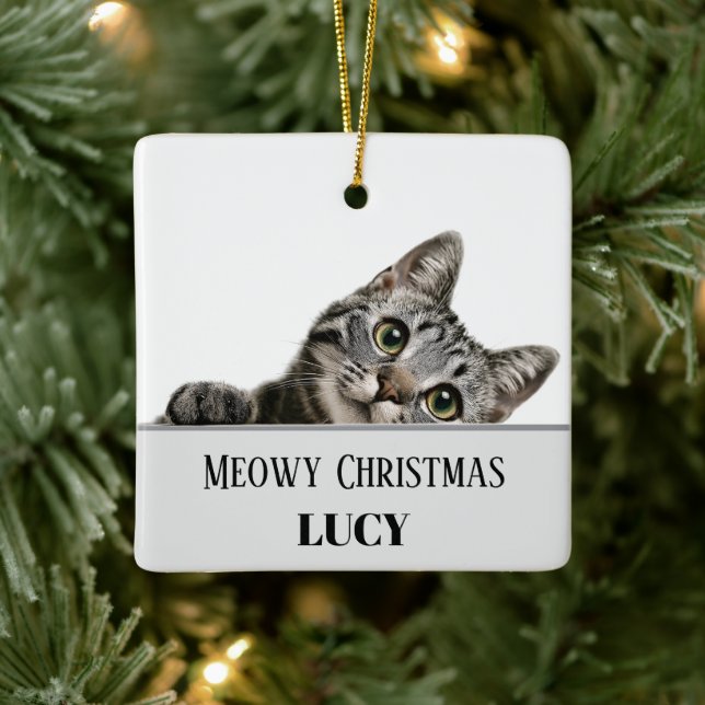 Meowy Christmas Custom Cat Photo & Name Ornament (Tree)