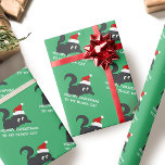 Meowy Christmas Cute Black Kitty Cat Green Wrapping Paper<br><div class="desc">If you have a black cat and need some cat Christmas wrapping paper,  add the name of yours. The design features a cute black kitty cat in a santa hat playing with your cat's name. Meowy Christmas to your black cat!</div>