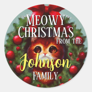Meowy Christmas Cute Cat, Custom Name Classic Round Sticker